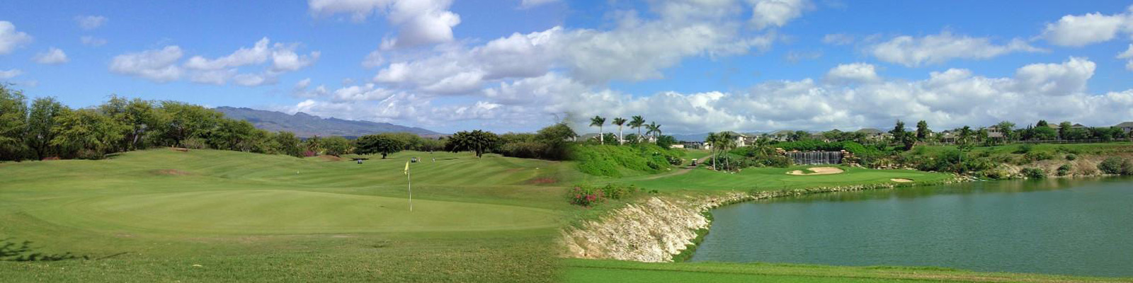 Scenic holes at Coral Creek Golf Course on Oahu with manicured greens, palm-lined fairways, and tranquil water features