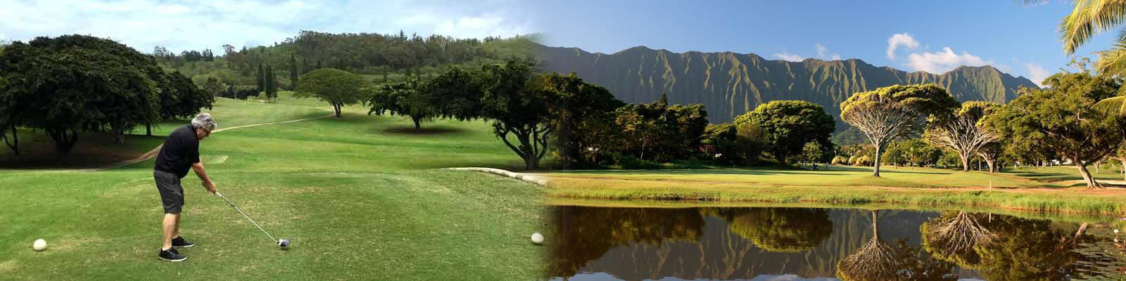 Scenic fairways at Olomana Golf Links in Windward Oahu with lush greenery and dramatic Koʻolau mountain backdrops